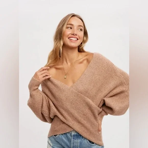 CLEAR OUT!!! Crossover Ribbed Pullover- Latte - Picture 2 of 11